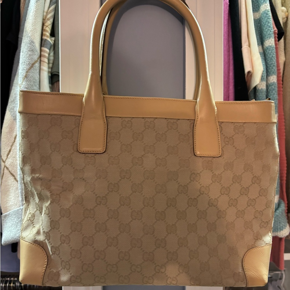 Gucci Tan Monogram GG Tote Bag Vintage canvas with leather trim - Picture 2 of 14
